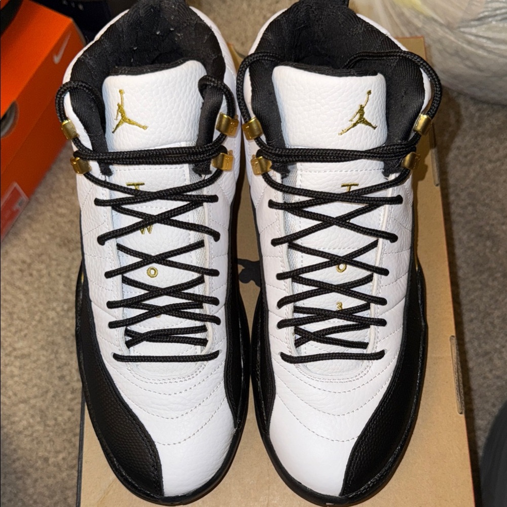 Jordan Men's White and Black Sneakers with Gold Accents Size 7.5